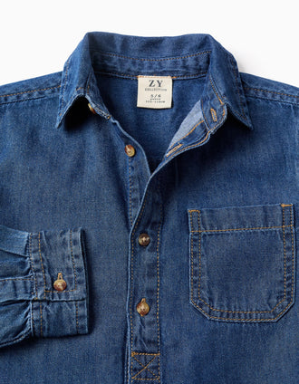 Chemise à manches longues en jean avec poche poitrine pour garçon, bleu