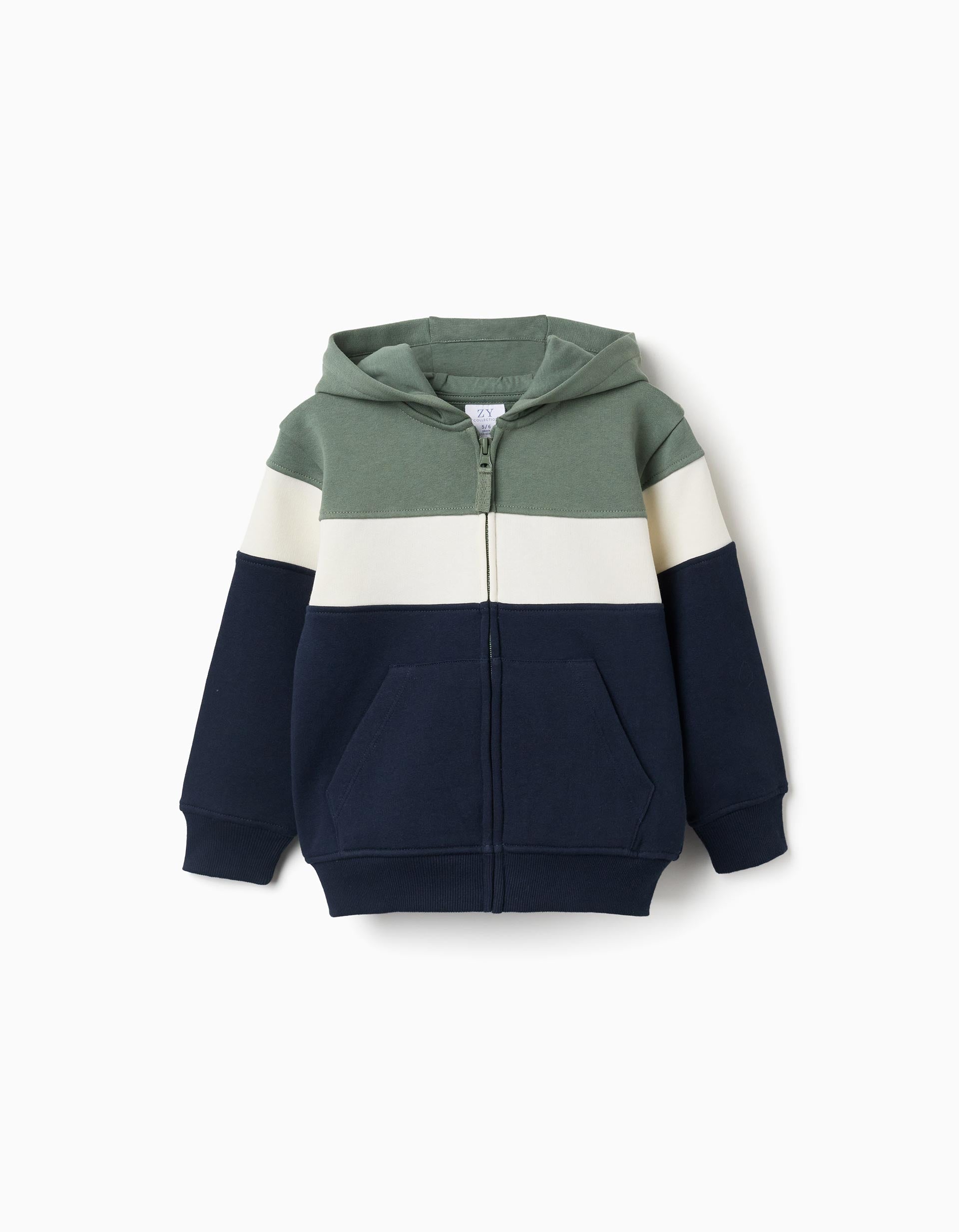 Brushed hooded jacket with colour block for boys, green/white/blue