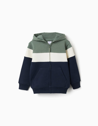 Brushed hooded jacket with colour block for boys, green/white/blue