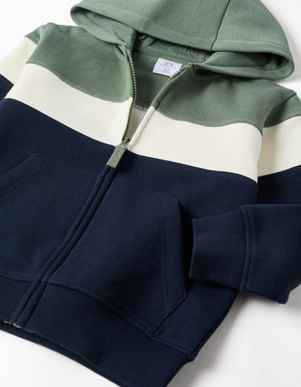 Brushed hooded jacket with colour block for boys, green/white/blue