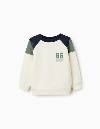 Sweat cardada com estampado 96 para menino, branco/azul/verde