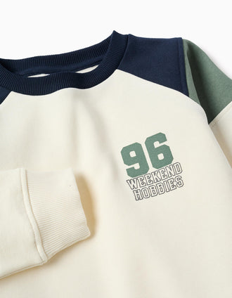 Sweat cardada com estampado 96 para menino, branco/azul/verde