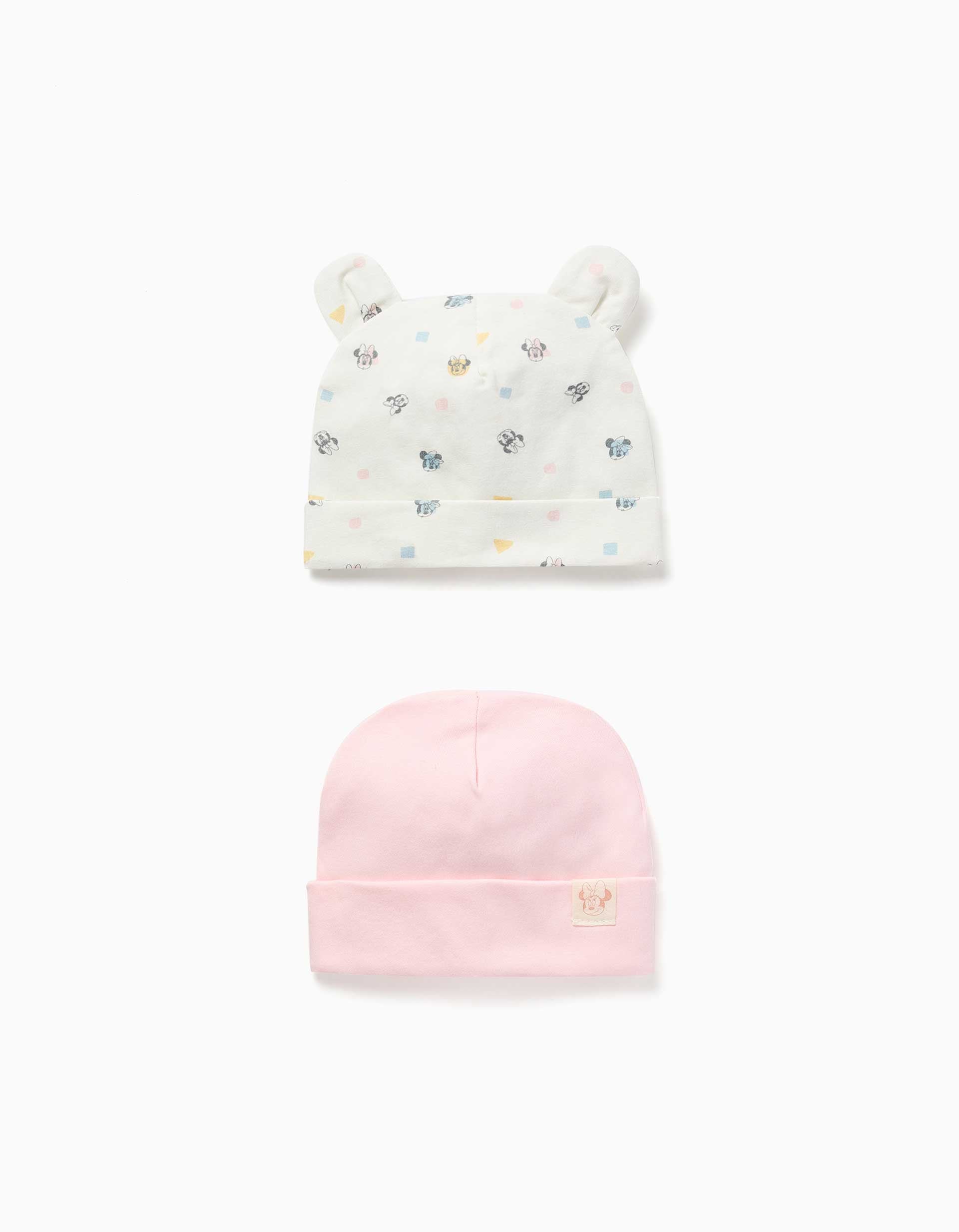 2 gorros de algodón con motivo Minnie para recién nacida, rosa/blanco