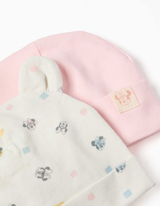 2 gorros de algodón con motivo Minnie para recién nacida, rosa/blanco