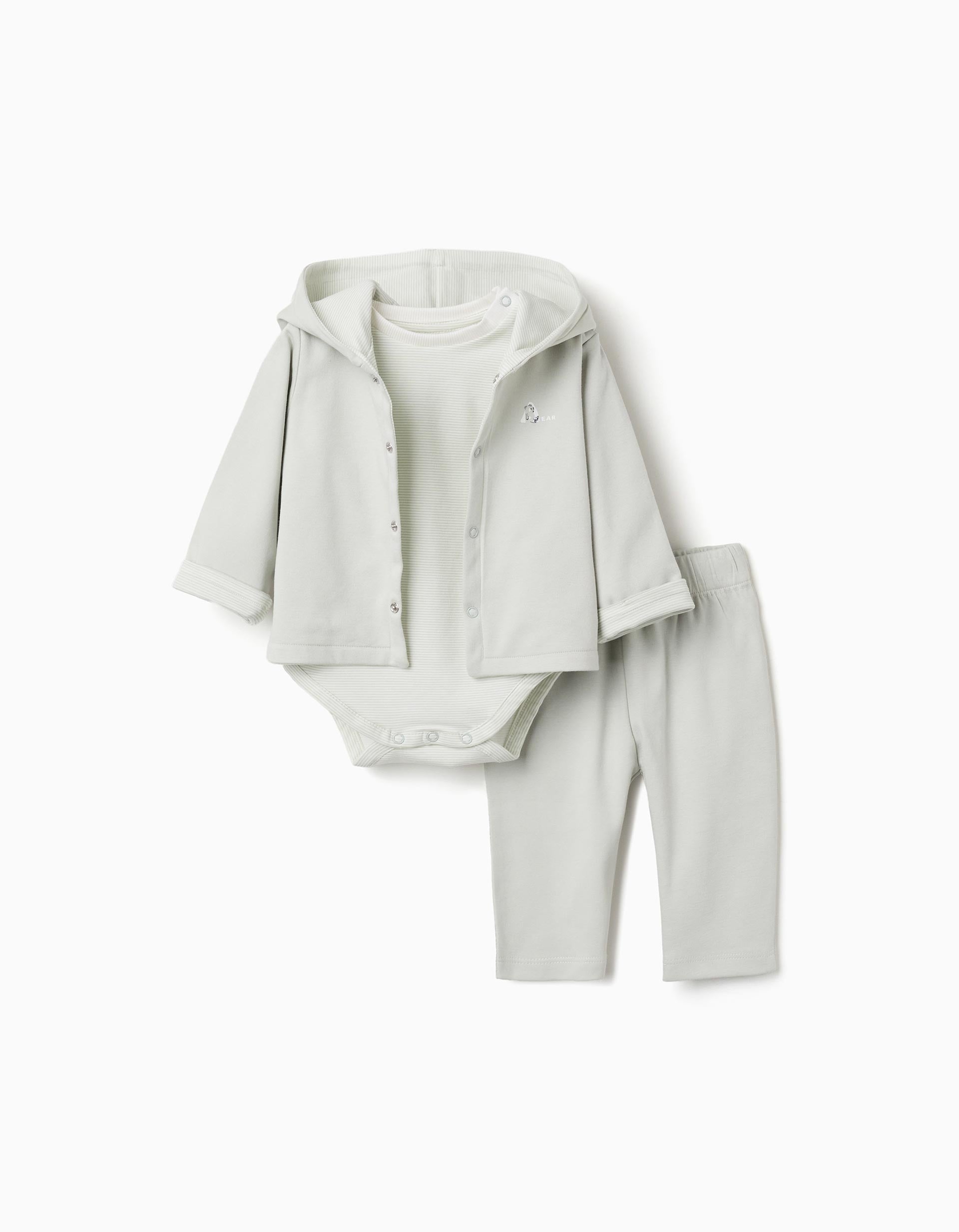 3-piece cotton set with stripes for newborns, white/light green