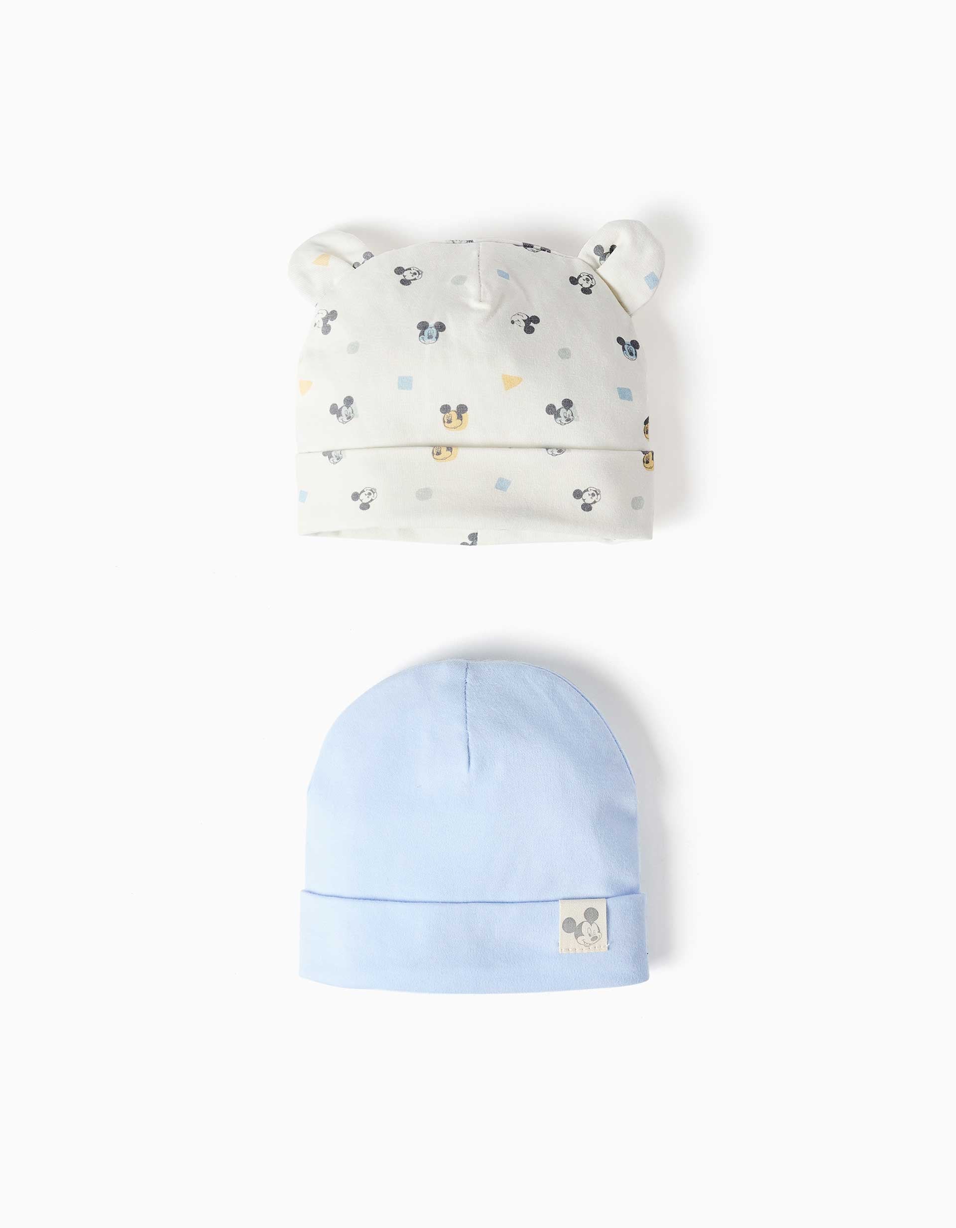 Lot de 2 bonnets en coton à motif Mickey pour nouveau-né, bleu/blanc