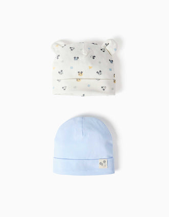 Lot de 2 bonnets en coton à motif Mickey pour nouveau-né, bleu/blanc