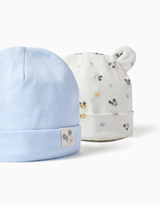 Lot de 2 bonnets en coton à motif Mickey pour nouveau-né, bleu/blanc