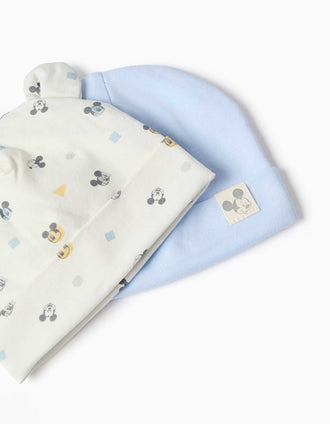 Lot de 2 bonnets en coton à motif Mickey pour nouveau-né, bleu/blanc
