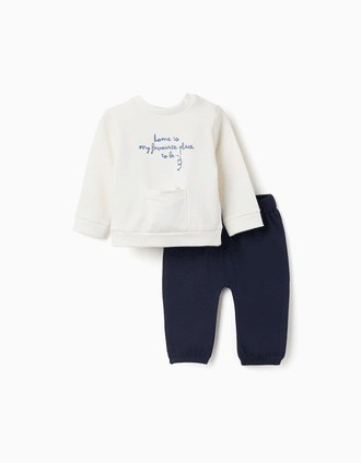 Brushed set with print and 3D house for newborns, white/navy blue