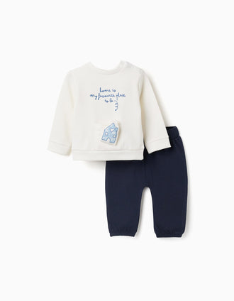 Brushed set with print and 3D house for newborns, white/navy blue