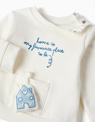 Brushed set with print and 3D house for newborns, white/navy blue