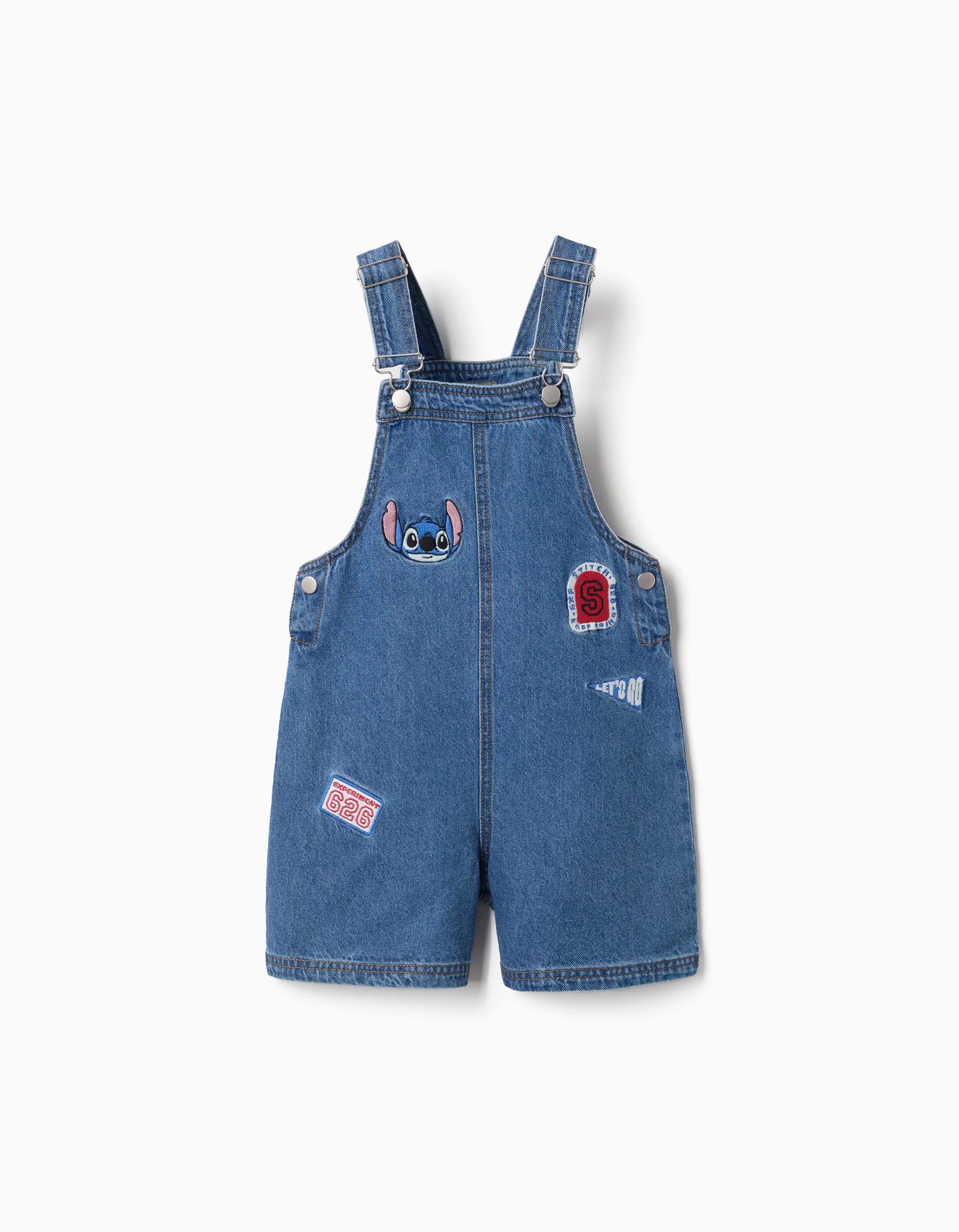 Jardineiras curtas de ganga com bordado Stitch para menina, azul