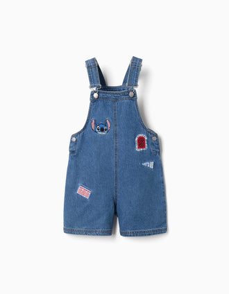 Jardineiras curtas de ganga com bordado Stitch para menina, azul