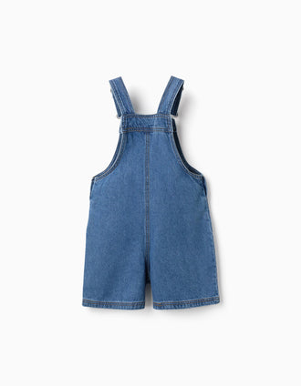 Jardineiras curtas de ganga com bordado Stitch para menina, azul