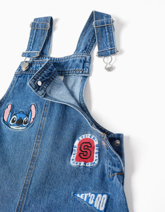 Jardineiras curtas de ganga com bordado Stitch para menina, azul