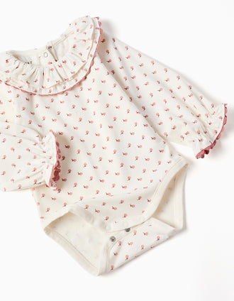 Body com motivo floral + saia de peito para recém-nascida, branco/rosa