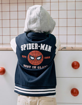 Casaco bomber cardado com capuz Spider-Man para menino, azul/branco