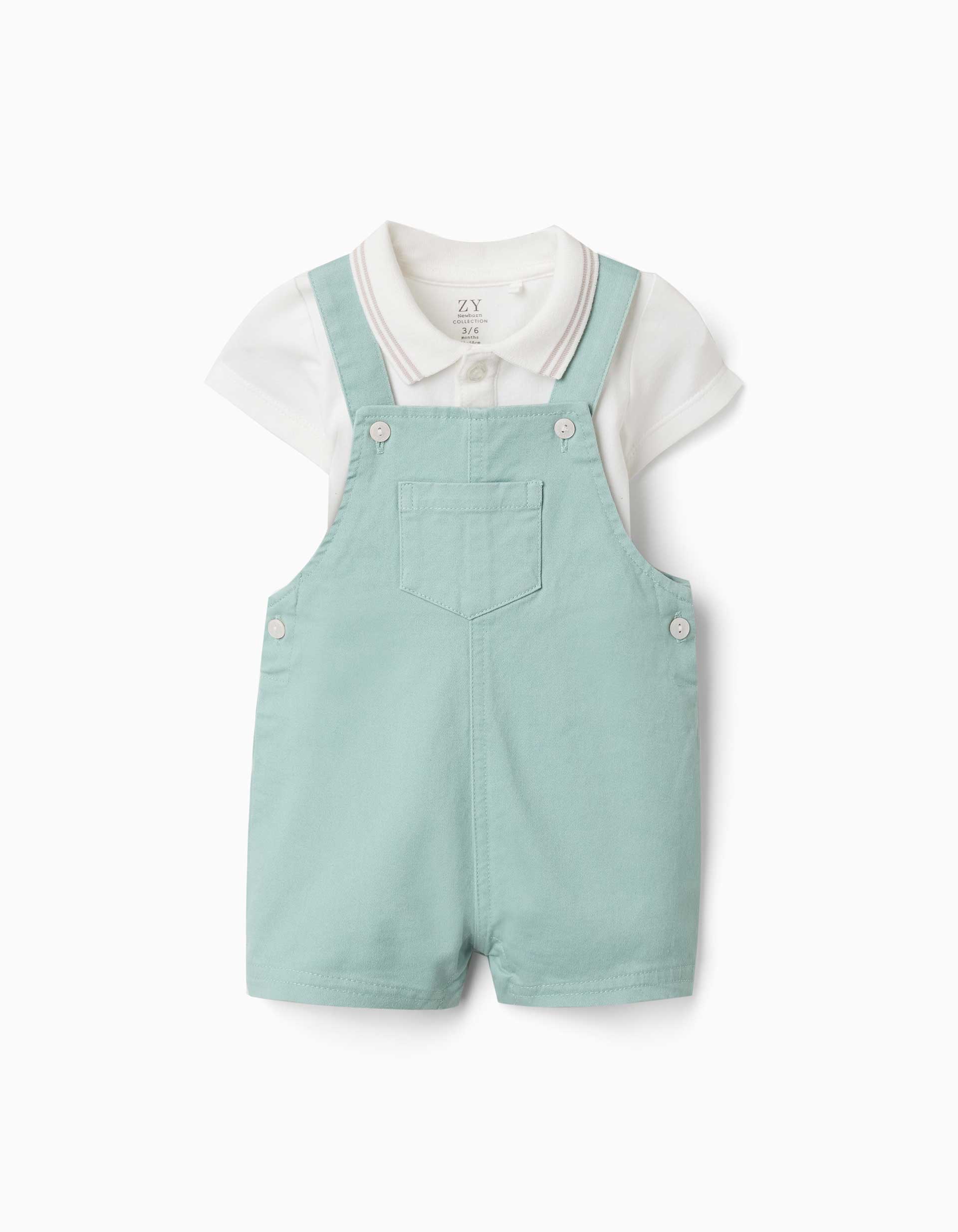 Body e jardineiras de algodão para recém-nascido, branco/verde-claro