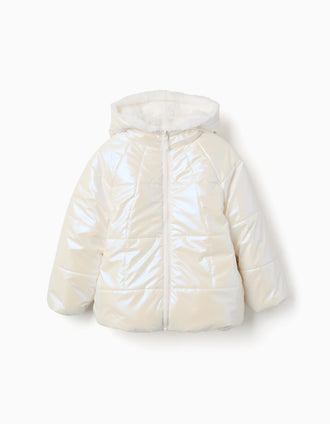 Casaco acolchoado reversível com capuz e forro em pelo para menina, branco