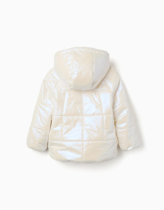 Casaco acolchoado reversível com capuz e forro em pelo para menina, branco