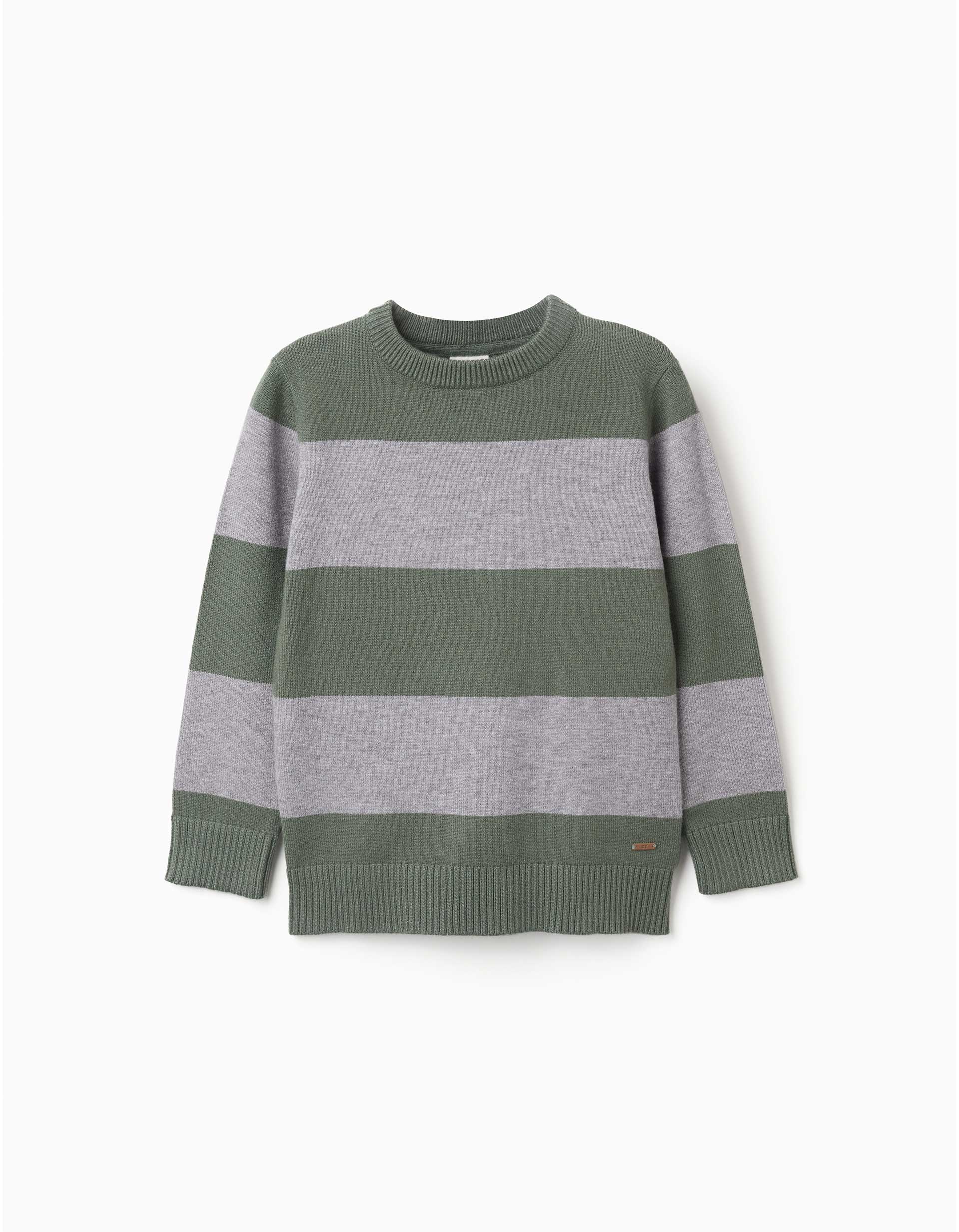 Striped knitted jumper for boys, green/grey