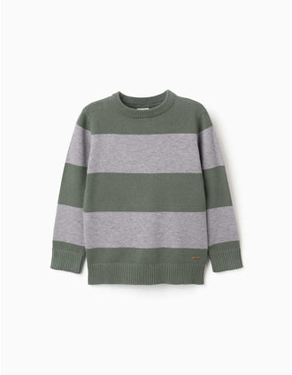 Striped knitted jumper for boys, green/grey