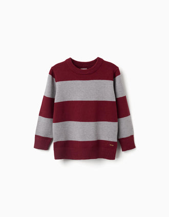Striped knitted jumper for boys, dark red/grey