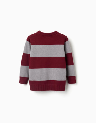 Striped knitted jumper for boys, dark red/grey
