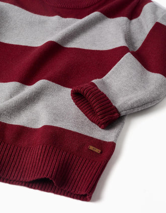 Striped knitted jumper for boys, dark red/grey