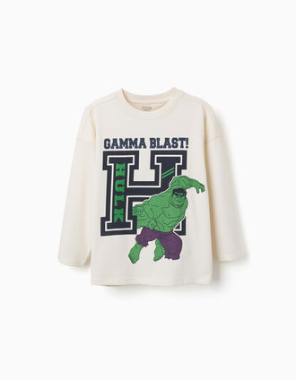 Camiseta de manga larga de algodón con estampado Hulk para niño, blanco