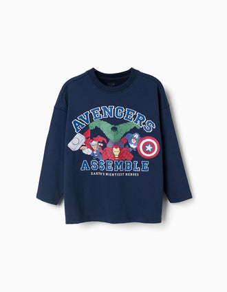 Camiseta de manga larga de algodón Los Vengadores para niño, azul marino