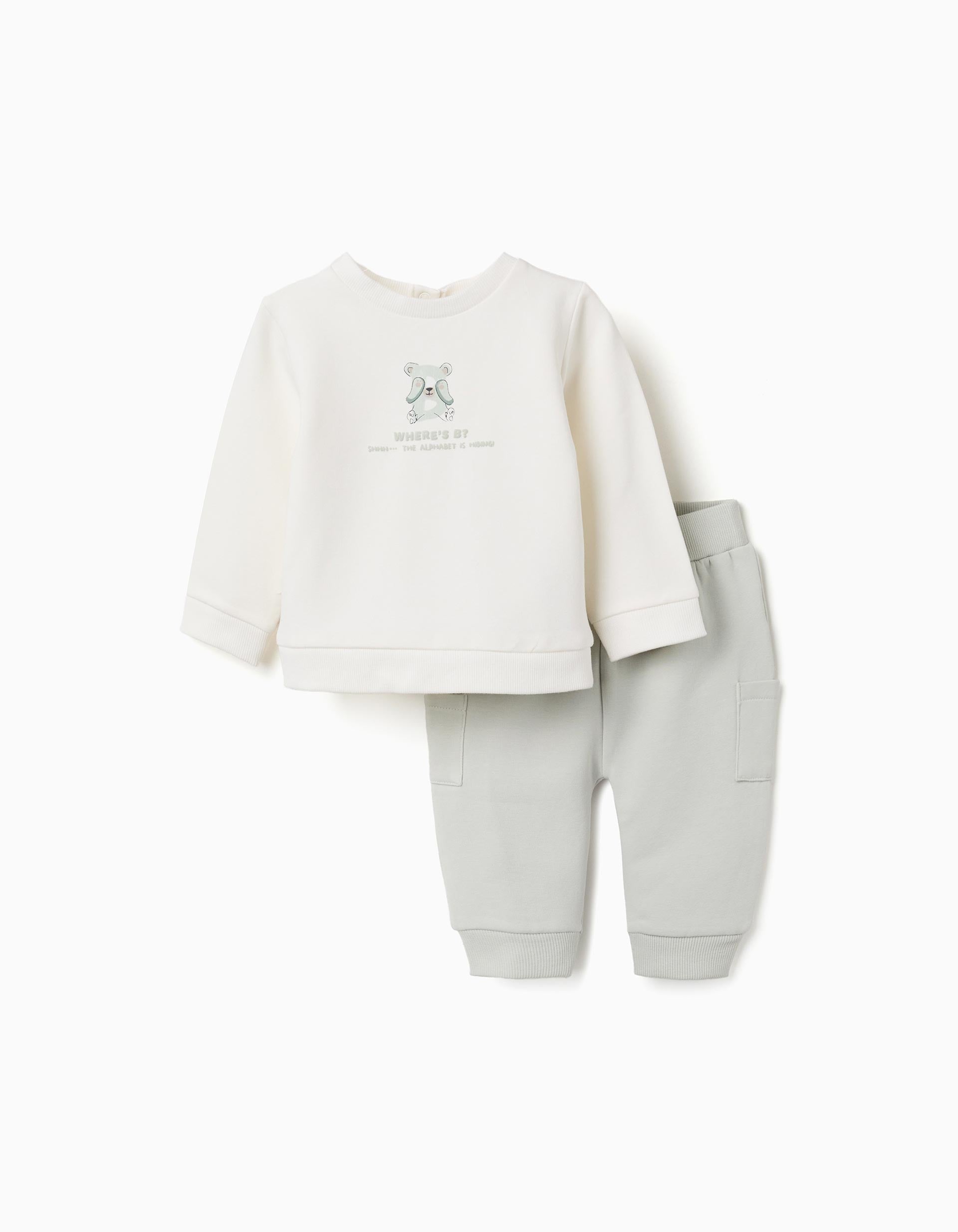 Brushed jogging set with embossed print for newborns, white/green