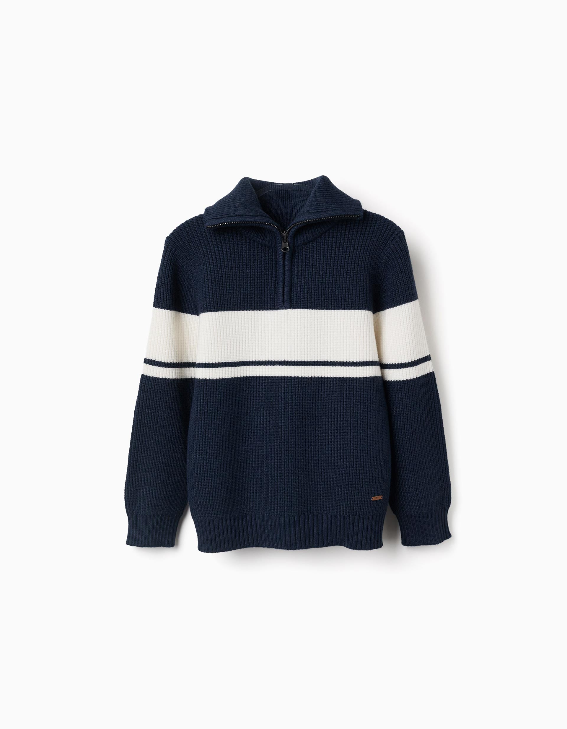 Knitted half-zip jumper with stripes for boys, navy blue/white
