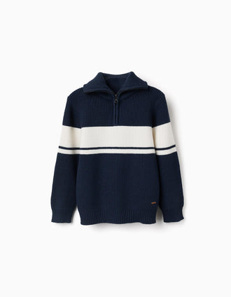 Knitted half-zip jumper with stripes for boys, navy blue/white