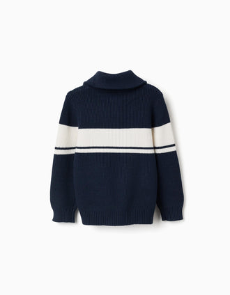 Knitted half-zip jumper with stripes for boys, navy blue/white