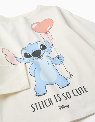 T-shirt de manga comprida com estampado Stitch is Cute para menina, branco