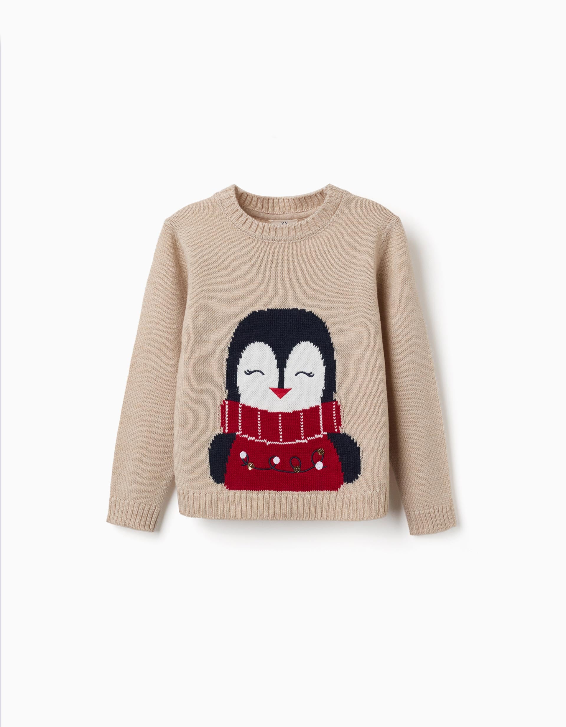 Camisola de malha com pinguim em jacquard para menina, bege