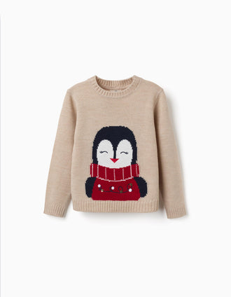 Camisola de malha com pinguim em jacquard para menina, bege