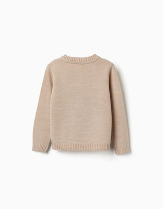 Camisola de malha com pinguim em jacquard para menina, bege