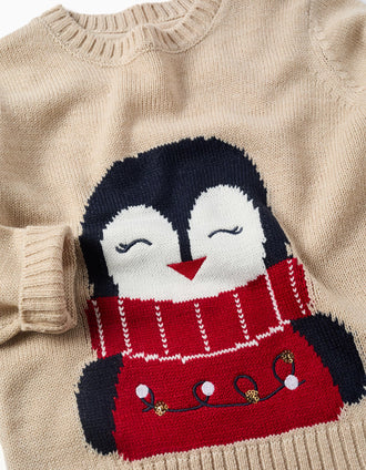 Camisola de malha com pinguim em jacquard para menina, bege