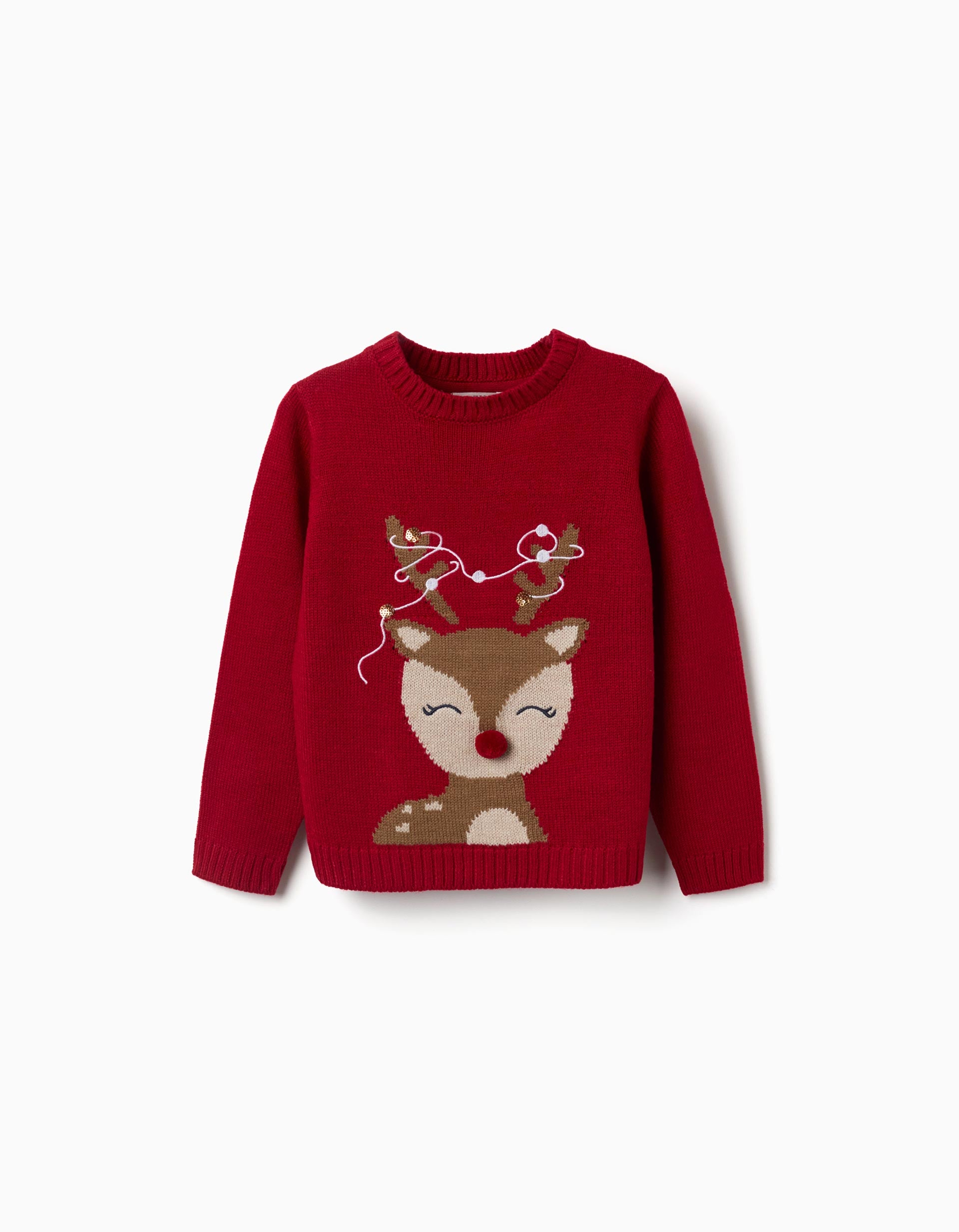 Camisola de malha com rena em jacquard para menina, vermelho