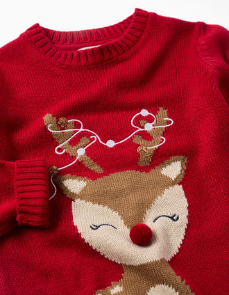 Camisola de malha com rena em jacquard para menina, vermelho