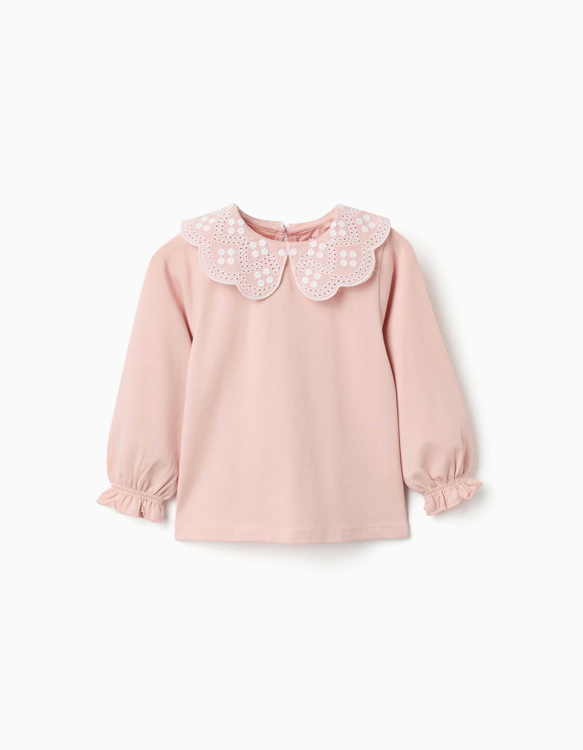 T-shirt de manga comprida com bordado inglês para bebé menina, rosa