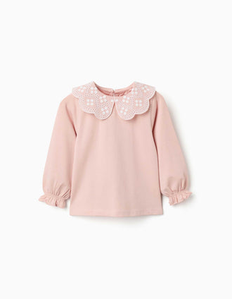 T-shirt de manga comprida com bordado inglês para bebé menina, rosa