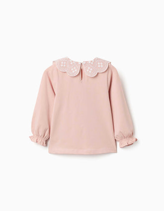 T-shirt de manga comprida com bordado inglês para bebé menina, rosa