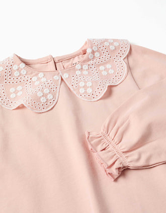 T-shirt de manga comprida com bordado inglês para bebé menina, rosa