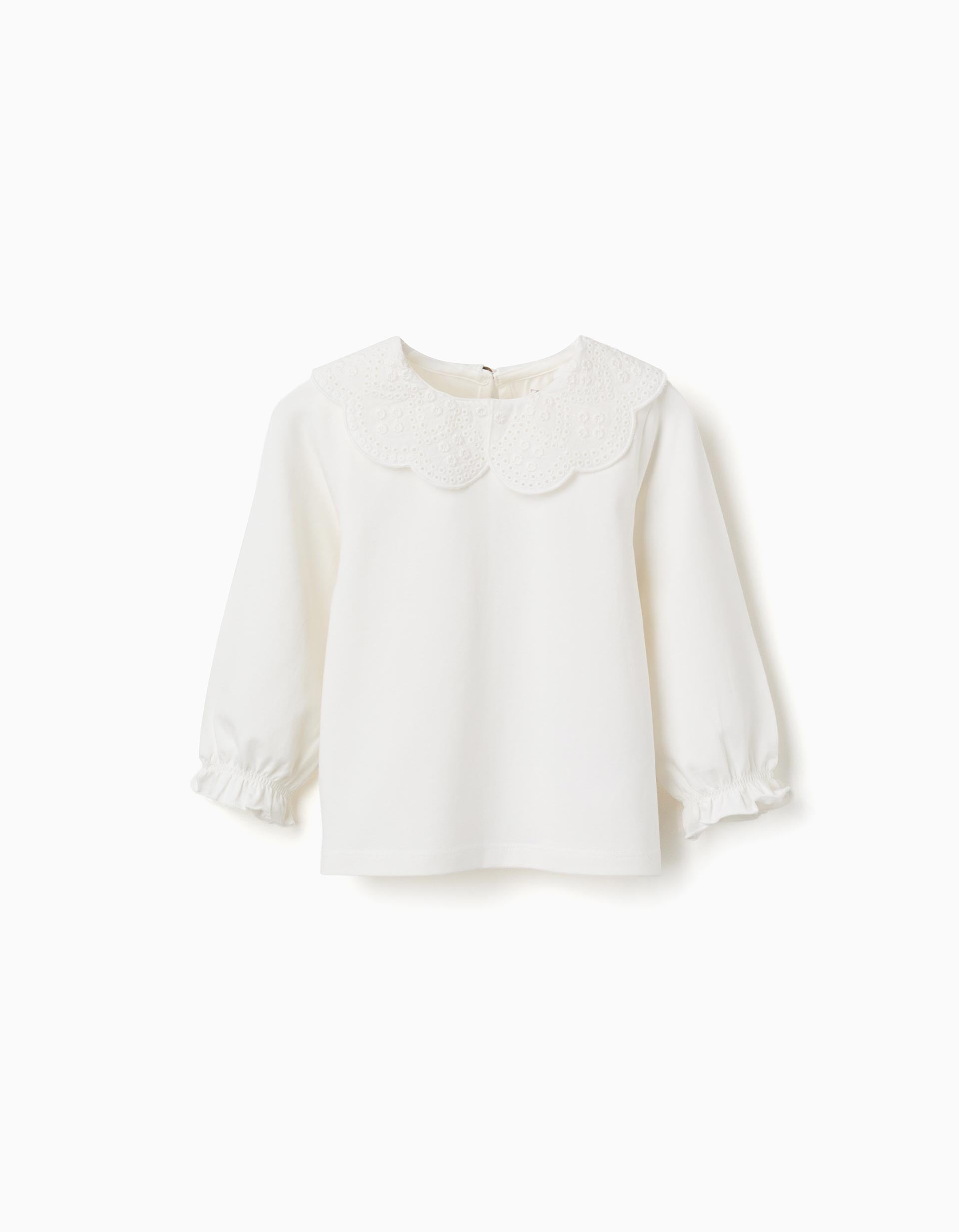 T-shirt de manga comprida com bordado inglês para bebé menina, branco