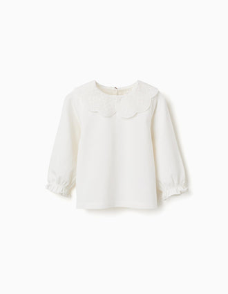 T-shirt de manga comprida com bordado inglês para bebé menina, branco