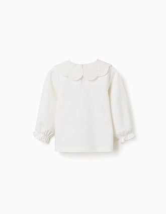 T-shirt de manga comprida com bordado inglês para bebé menina, branco